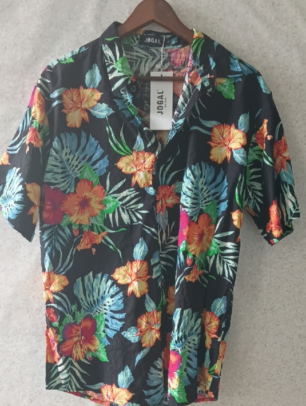 Jogal Black Tropical Floral Short-Sleeve Button-Down Shirt